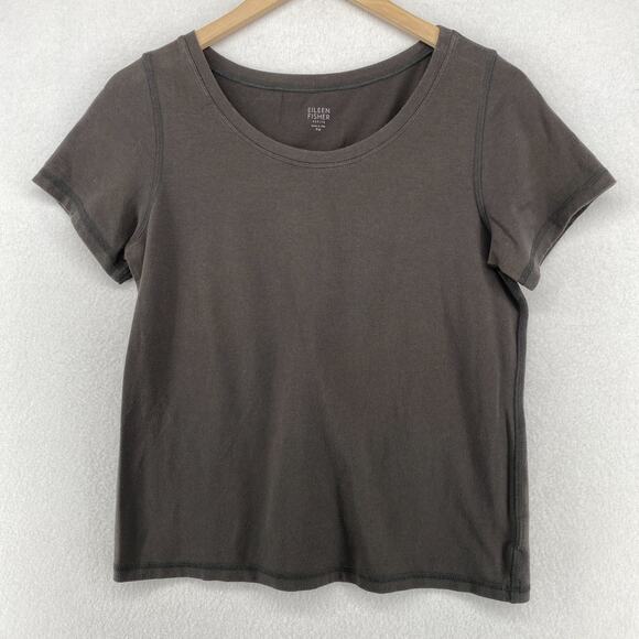 EILEEN FISHER Top PM Petite Stretch Cotton Jersey Short Sleeve Taupe Gray USA - Picture 1 of 11